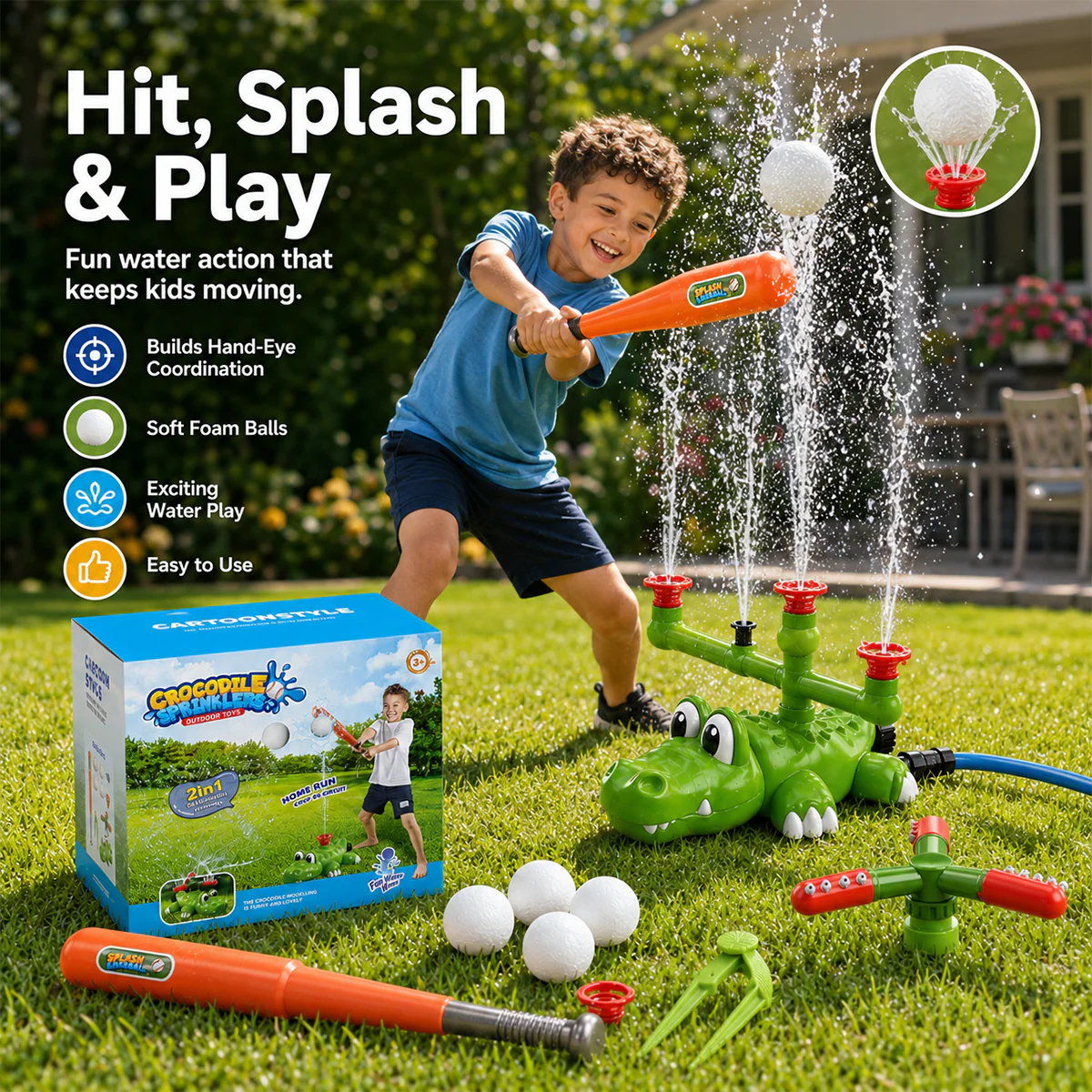 💦 4-in-1 Kids Crocodile Baseball Water Sprinkler T Ball Set & Water Ball Toy 💦 - Image 2