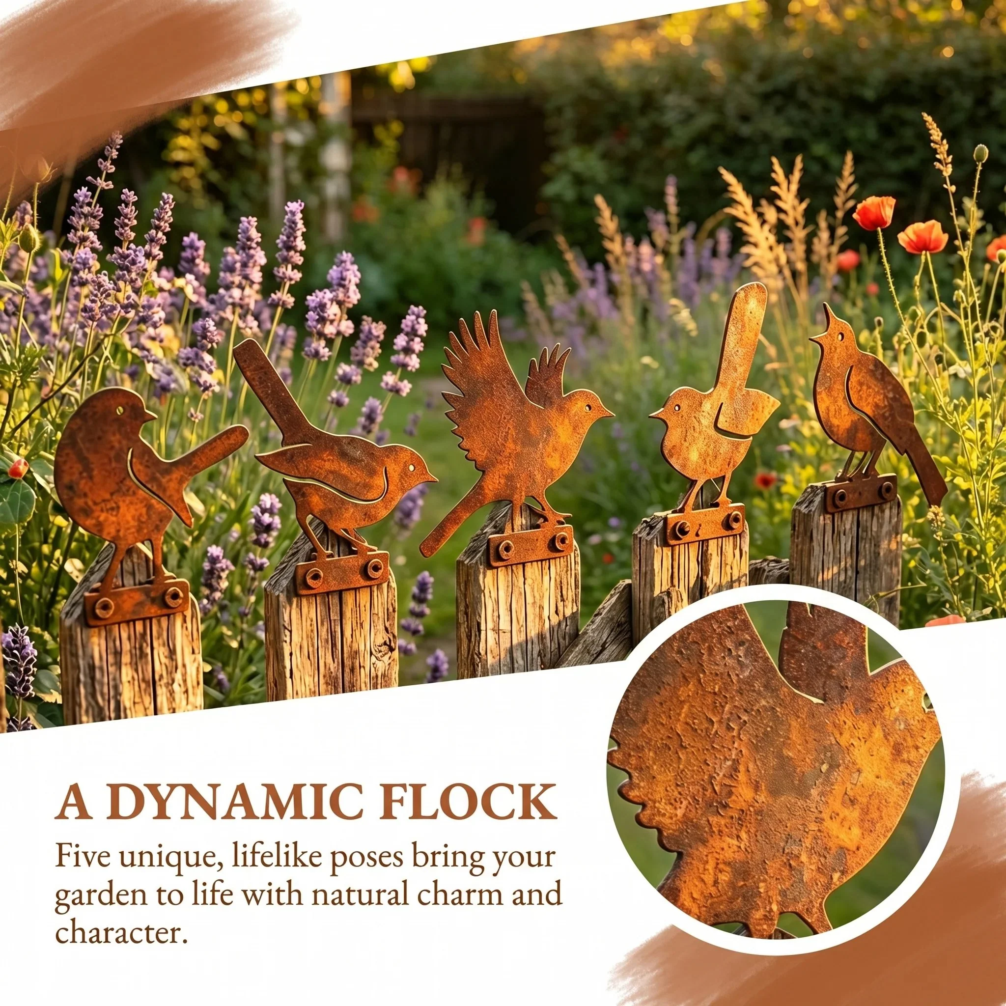 5-Piece Lifelike Rusty Metal Bird Silhouettes Garden Art - Image 2