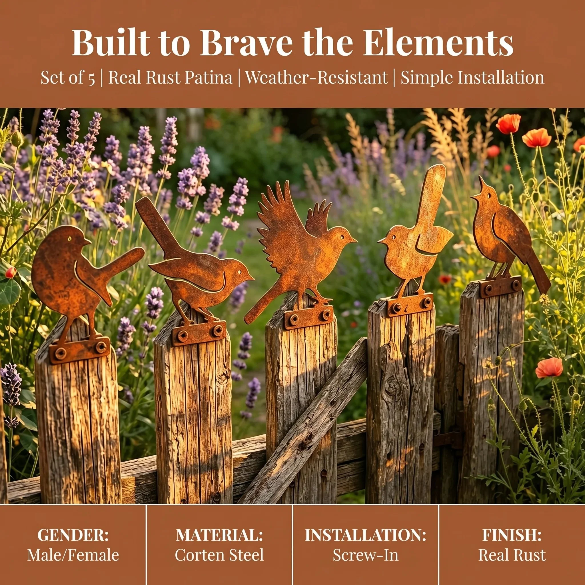 5-Piece Lifelike Rusty Metal Bird Silhouettes Garden Art - Image 3
