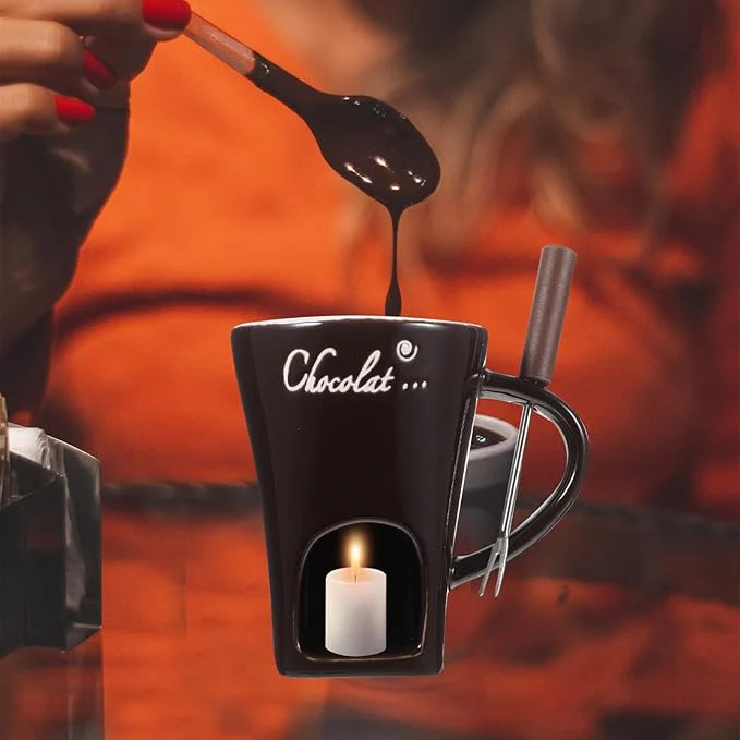 Ceramic Fondue Set – Chocolate, Cheese & Butter Melting Pot with Fork and Tealight Candle - Image 5