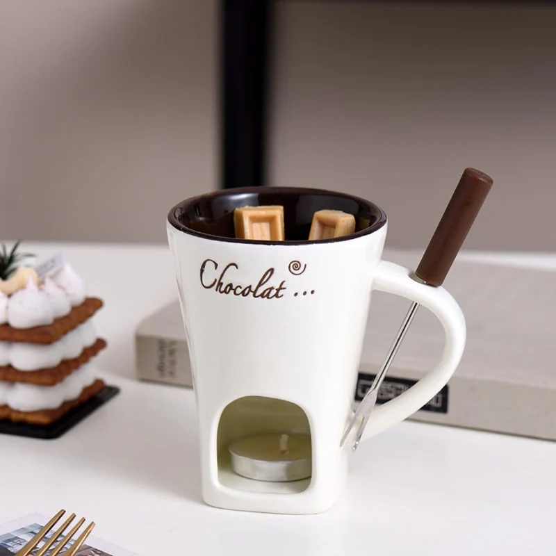 Ceramic Fondue Set – Chocolate, Cheese & Butter Melting Pot with Fork and Tealight Candle - Image 8