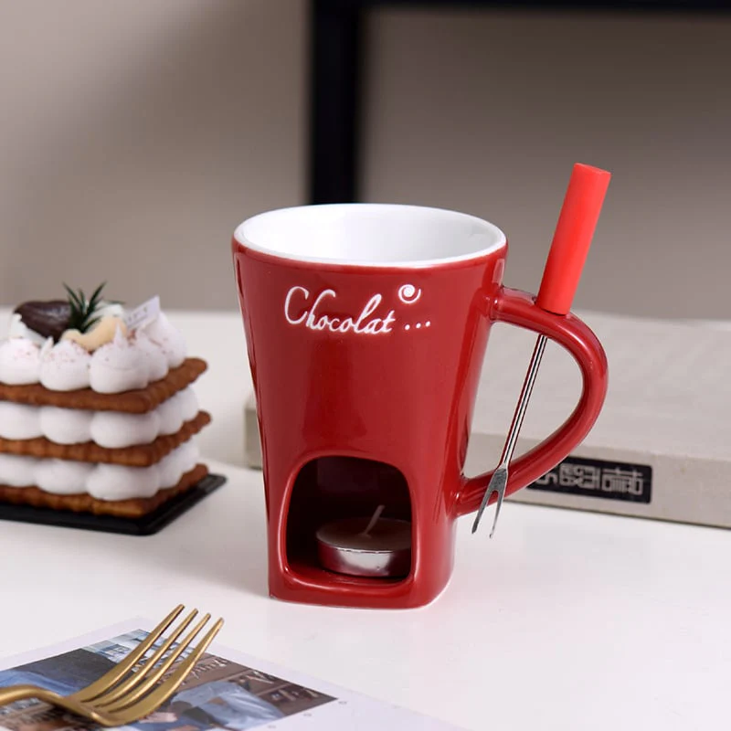 Ceramic Fondue Set – Chocolate, Cheese & Butter Melting Pot with Fork and Tealight Candle - Image 9