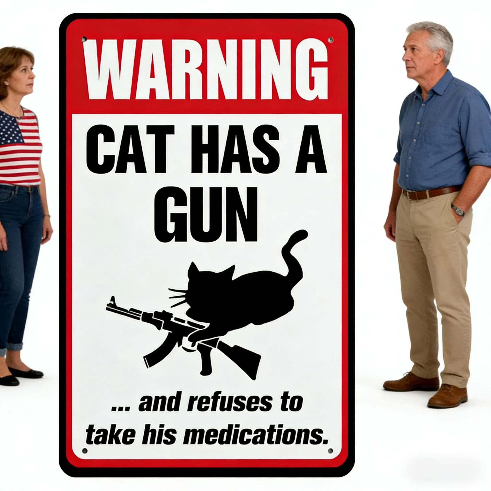 Funny "Cat & Dog Has a Gun & Won't Take Meds" Aluminum Sign - Image 3