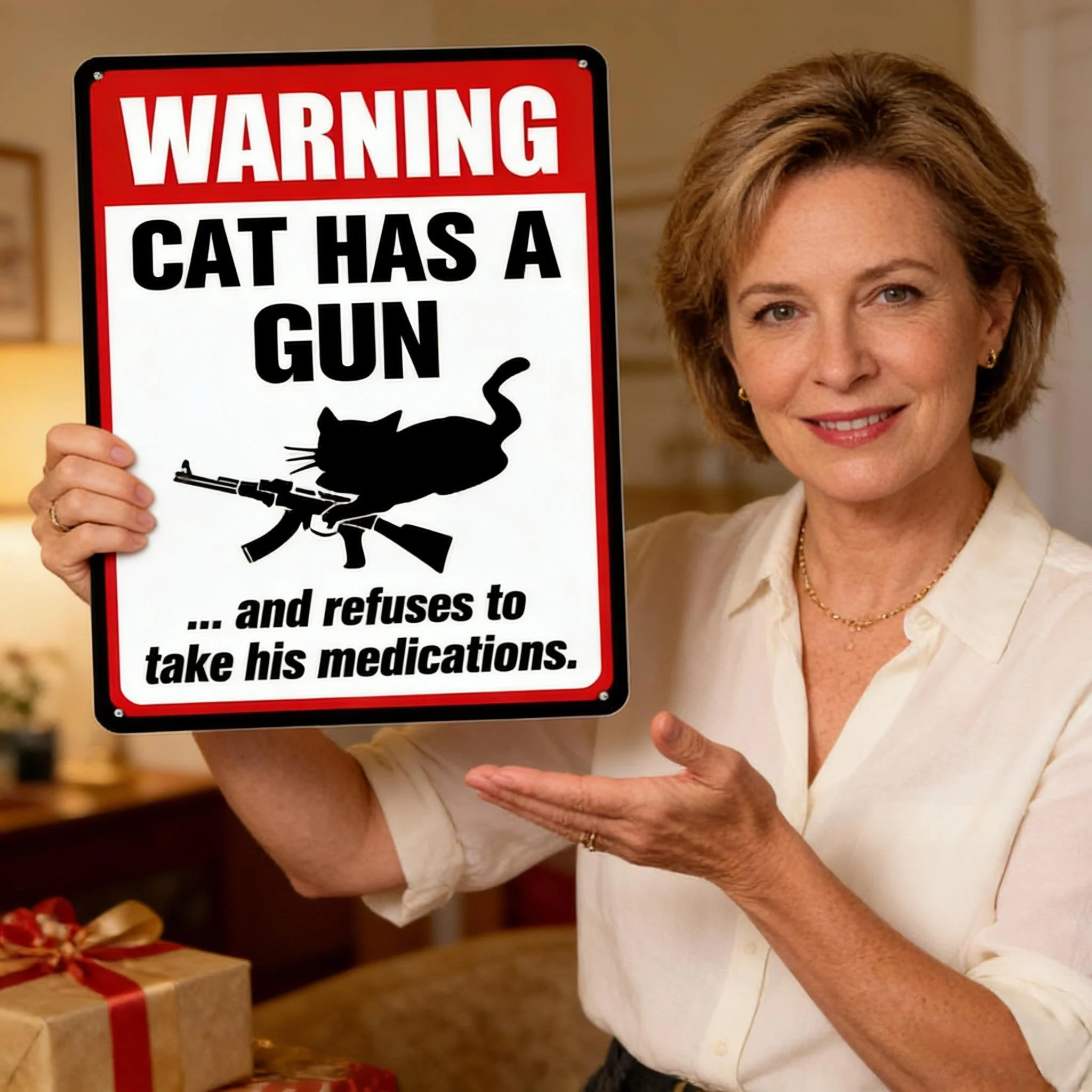 Funny "Cat & Dog Has a Gun & Won't Take Meds" Aluminum Sign - Image 4
