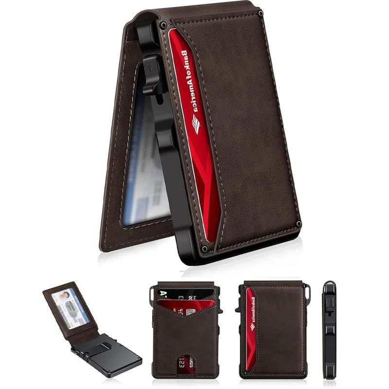 💼🔒Premium Aluminum RFID Blocking Minimalist Wallet for Men — Pop-Up Card Access, Money Clip & ID Window