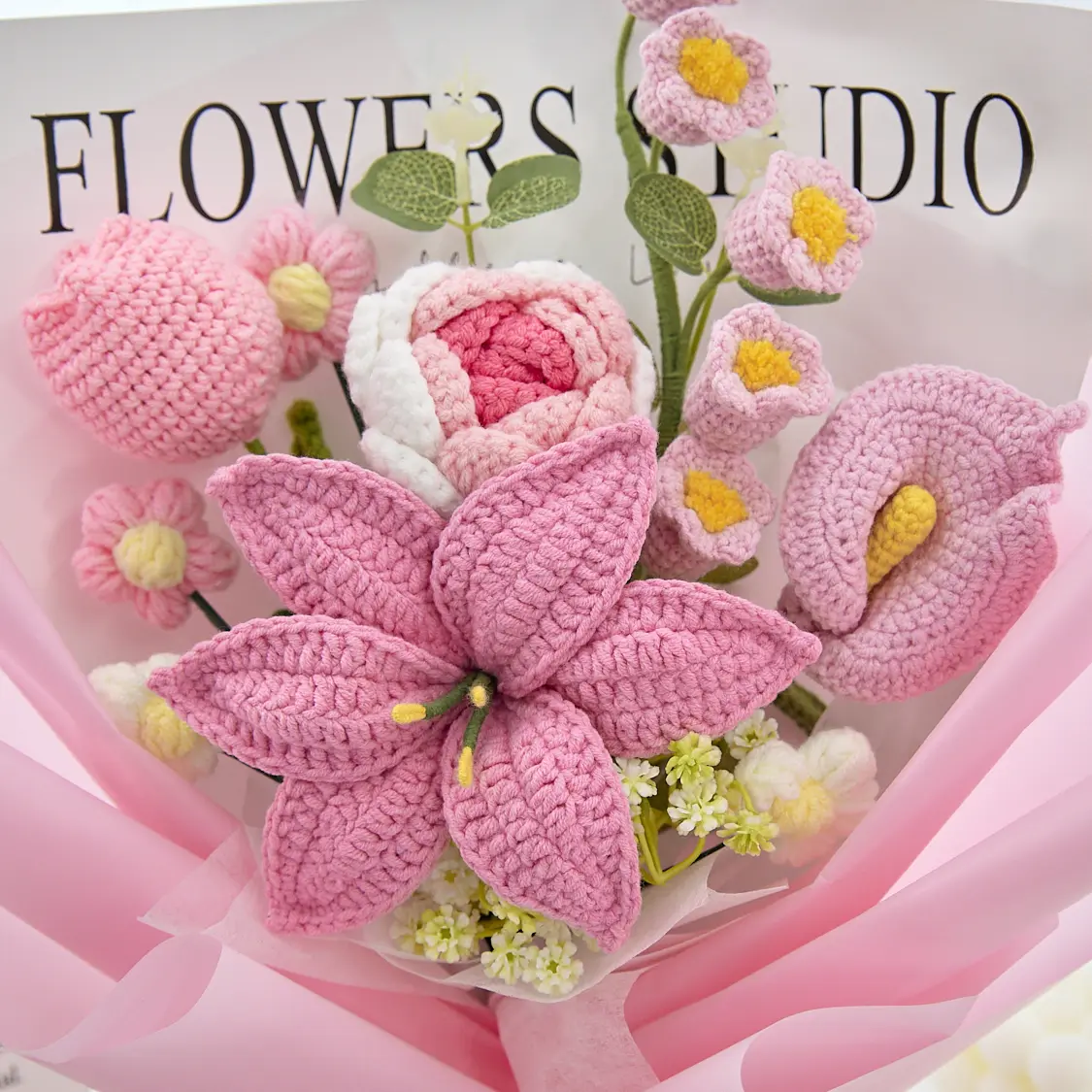 Mother’s Day Gift🌺 Pink Crochet Lily Rose Tulip Bouquet - Image 2