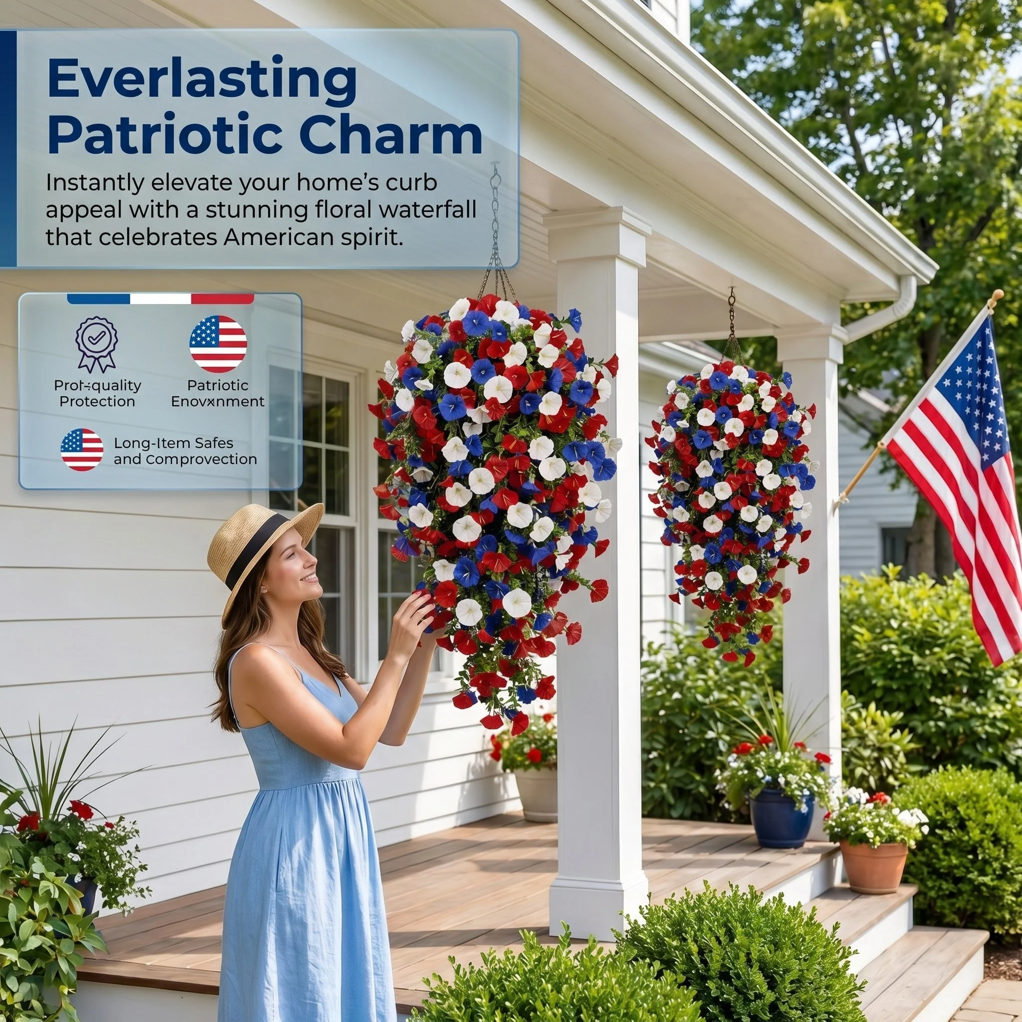 Patriotic Hanging Flower Baskets – Artificial Outdoor Decor, No Maintenance - Image 3