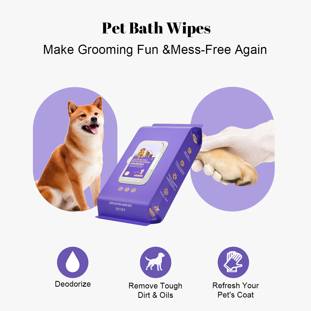 Pet Cleaning Glove Wipes: No-Rinse Waterless Bath (6/12/20 Pack) - Image 3