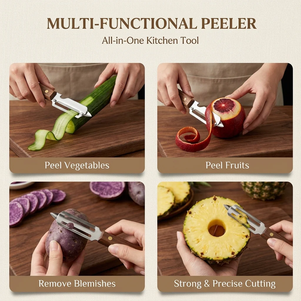 Ultra-Sharp Stainless Steel Peeler with Wooden Grip & Bottle Opener - Image 2