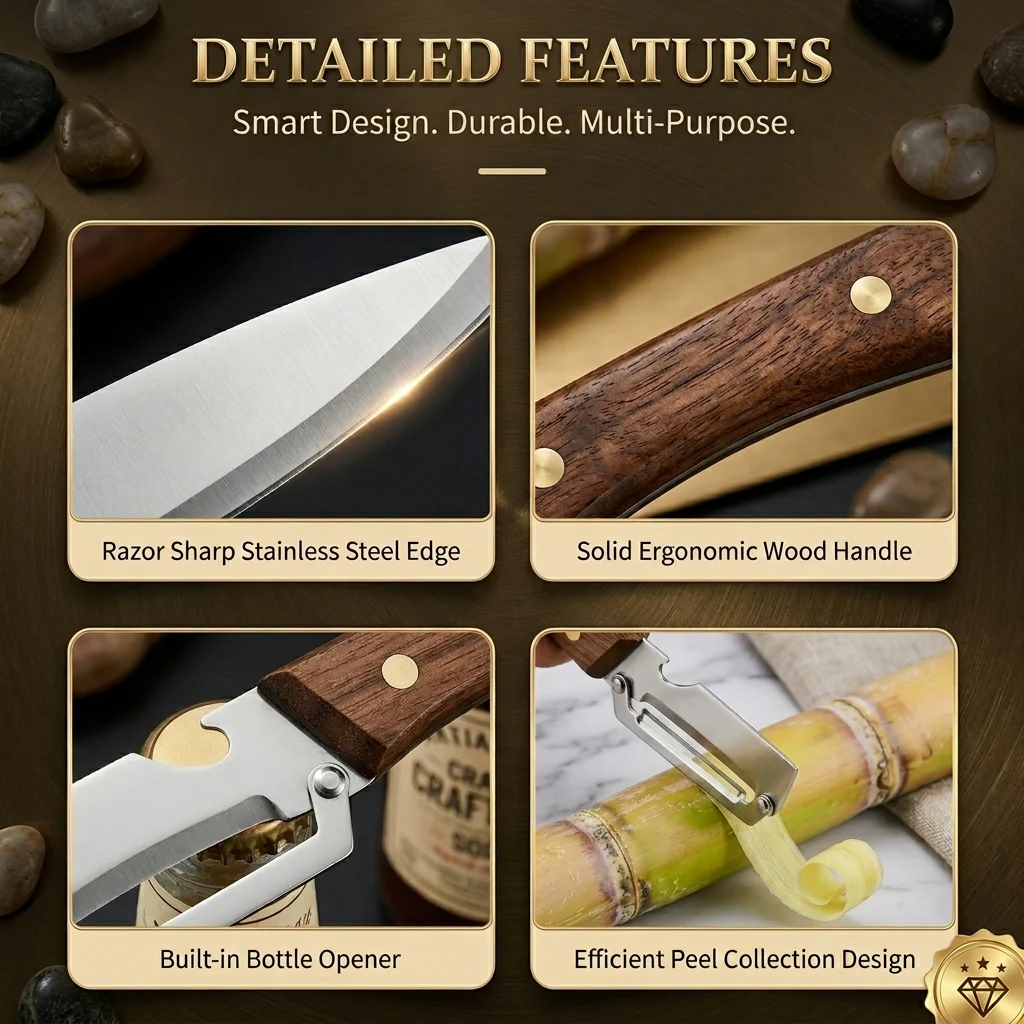 Ultra-Sharp Stainless Steel Peeler with Wooden Grip & Bottle Opener - Image 3