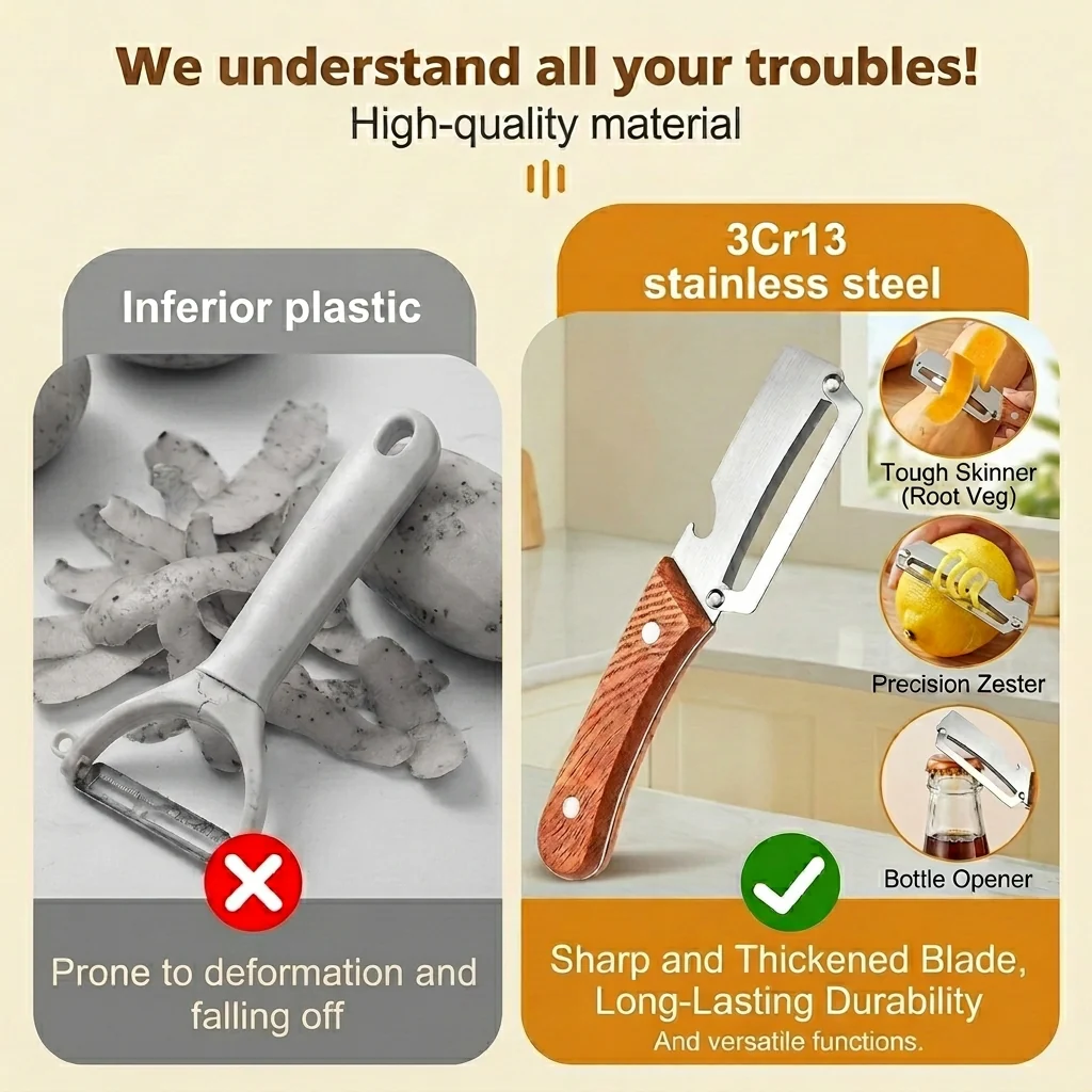 Ultra-Sharp Stainless Steel Peeler with Wooden Grip & Bottle Opener - Image 6