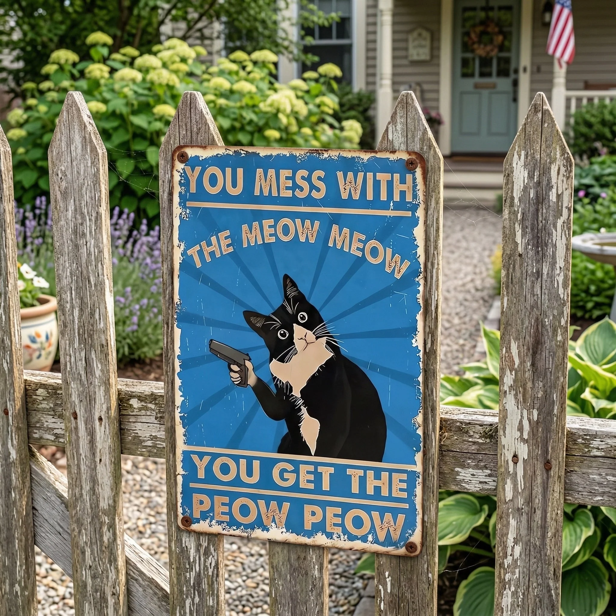 Vintage Black & White Cat Sign – Funny “You Mess With The Meow Meow, You Get The Peow Peow” Wall Decor 😂🐱 - Image 2