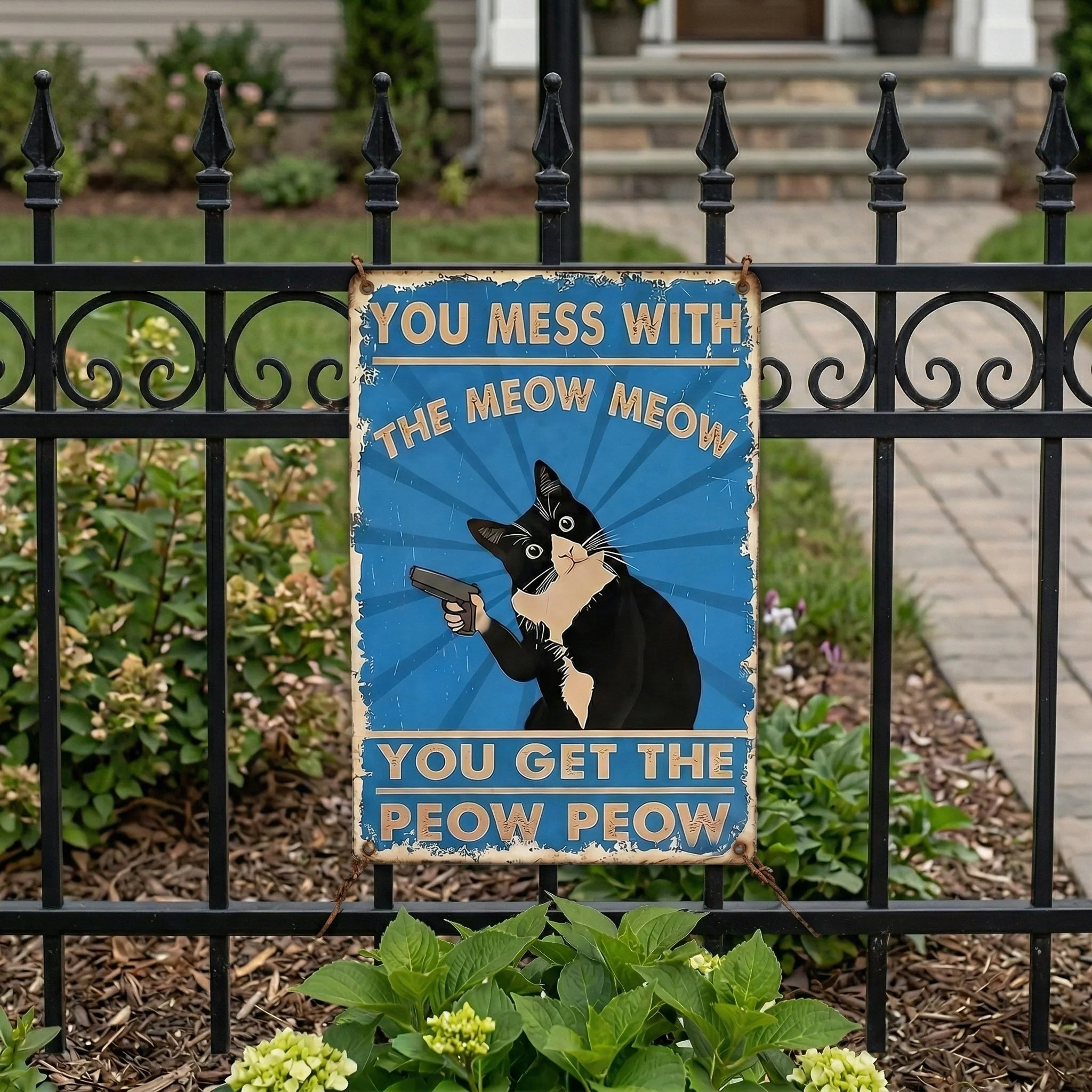 Vintage Black & White Cat Sign – Funny “You Mess With The Meow Meow, You Get The Peow Peow” Wall Decor 😂🐱 - Image 3