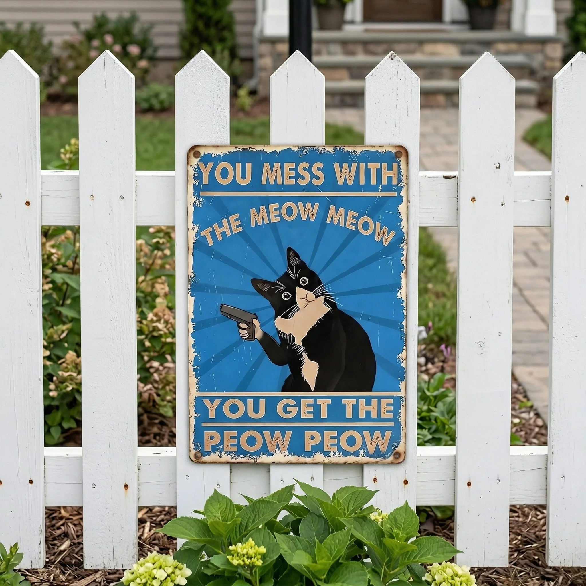 Vintage Black & White Cat Sign – Funny “You Mess With The Meow Meow, You Get The Peow Peow” Wall Decor 😂🐱 - Image 4