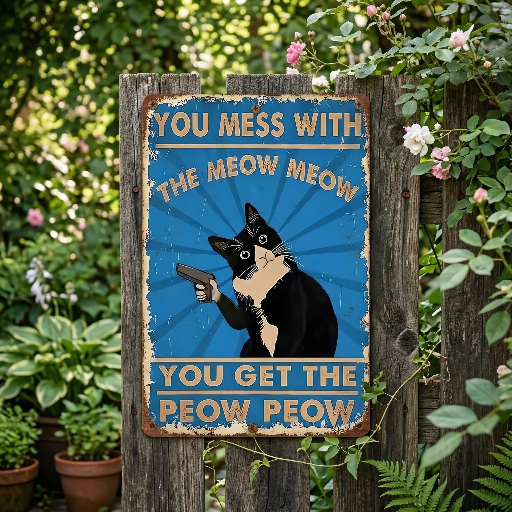Vintage Black & White Cat Sign – Funny “You Mess With The Meow Meow, You Get The Peow Peow” Wall Decor 😂🐱 - Image 5